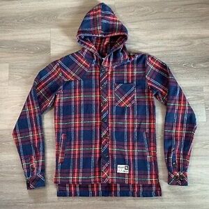 COPY - YoungLA medium long sleeve plaid hooded flannel in Navy and Scarlett